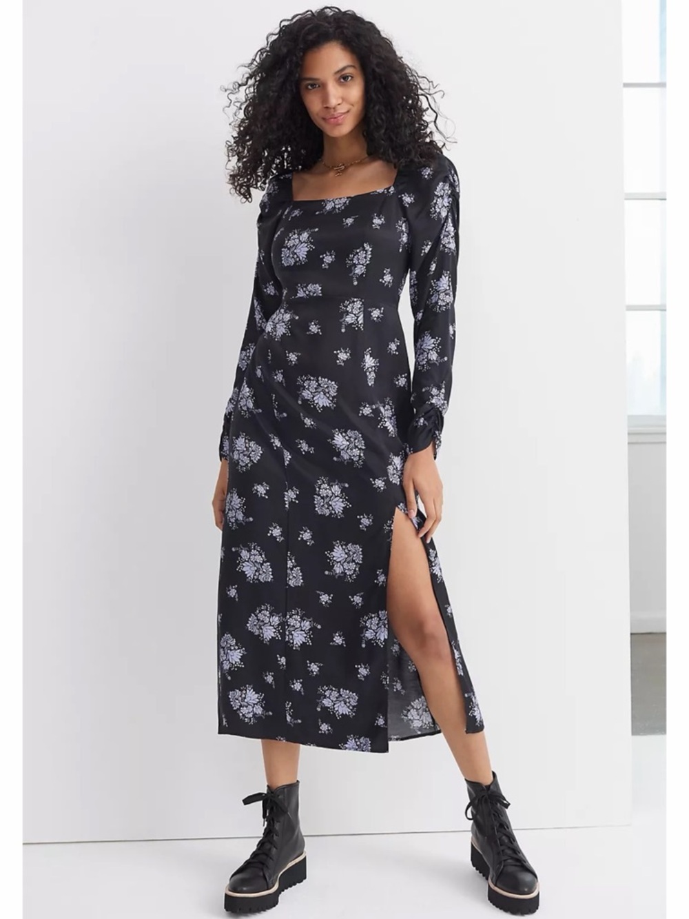 Anthropologie Maeve Hedy Ruffled Floral Smocked Cottagecore‎ Black Midi Dress